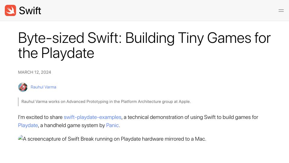 Screenshot of swift.org: Byte-Sized Swift: Building Tiny Games for the Playdate