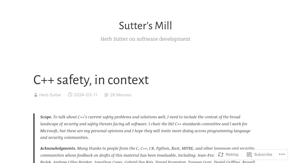 Screenshot of herbsutter.com: C++ Safety, in Context