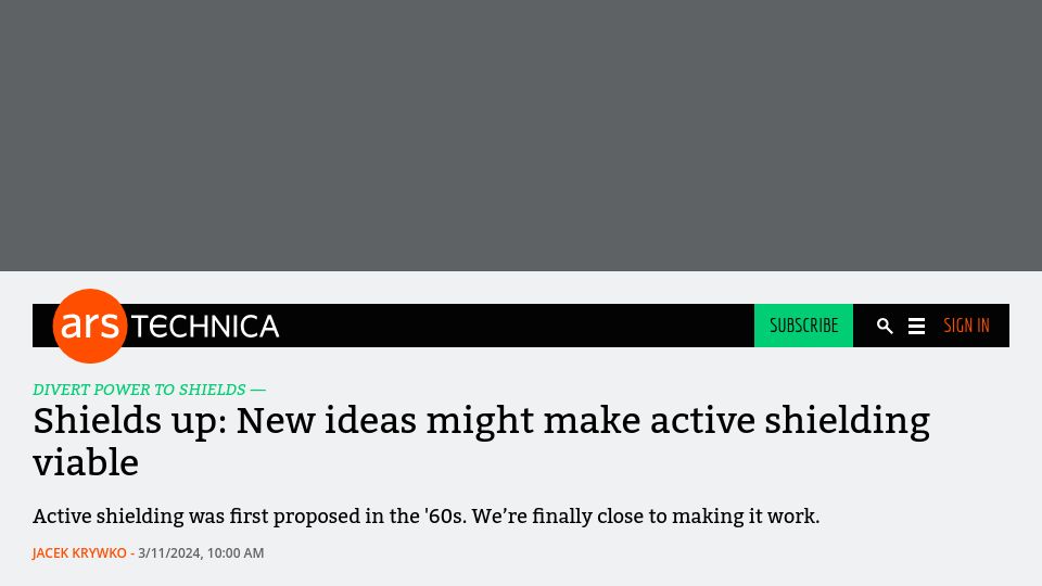 Screenshot of arstechnica.com: Shields up: New ideas might make active shielding viable