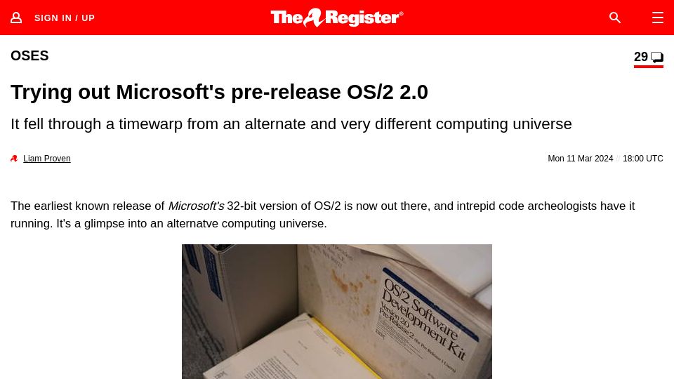 Screenshot of theregister.com: Trying out Microsoft's pre-release OS/2 2.0