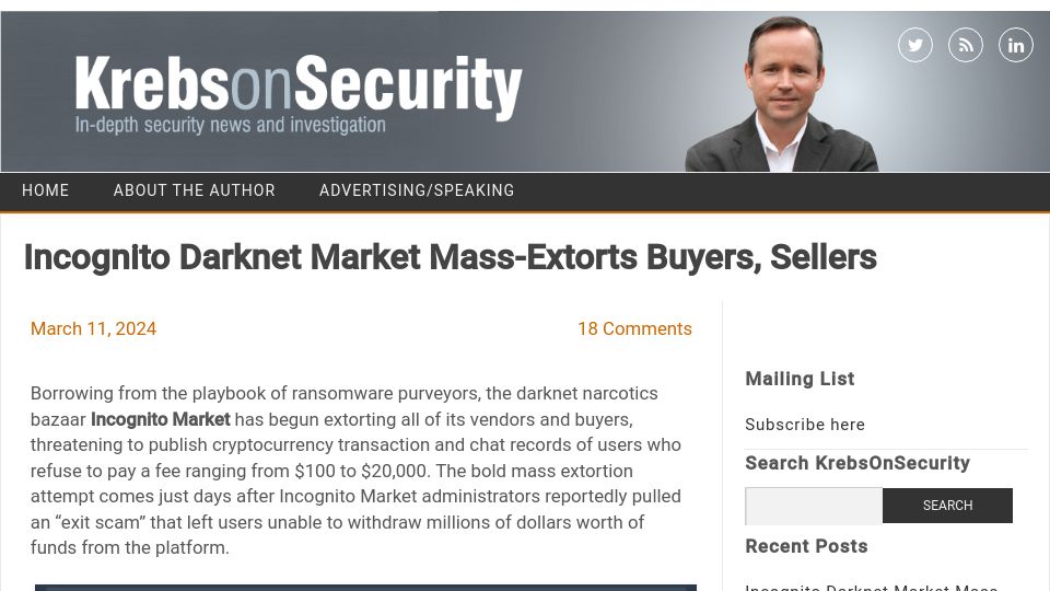 Screenshot of krebsonsecurity.com: Incognito Darknet Market Mass-Extorts Buyers, Sellers