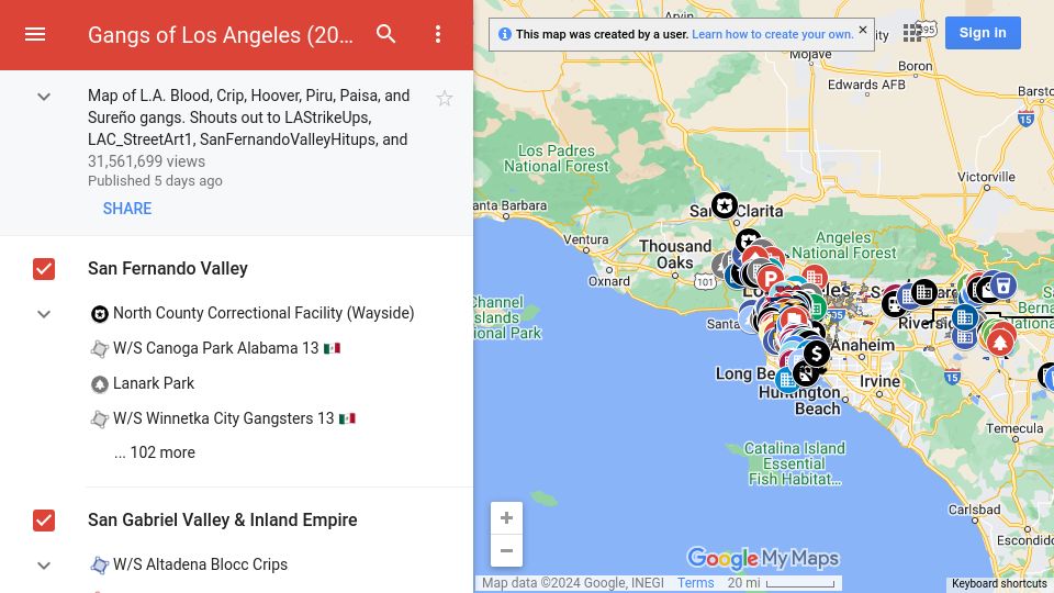 Screenshot of google.com: Gangs of Los Angeles Map (2024)
