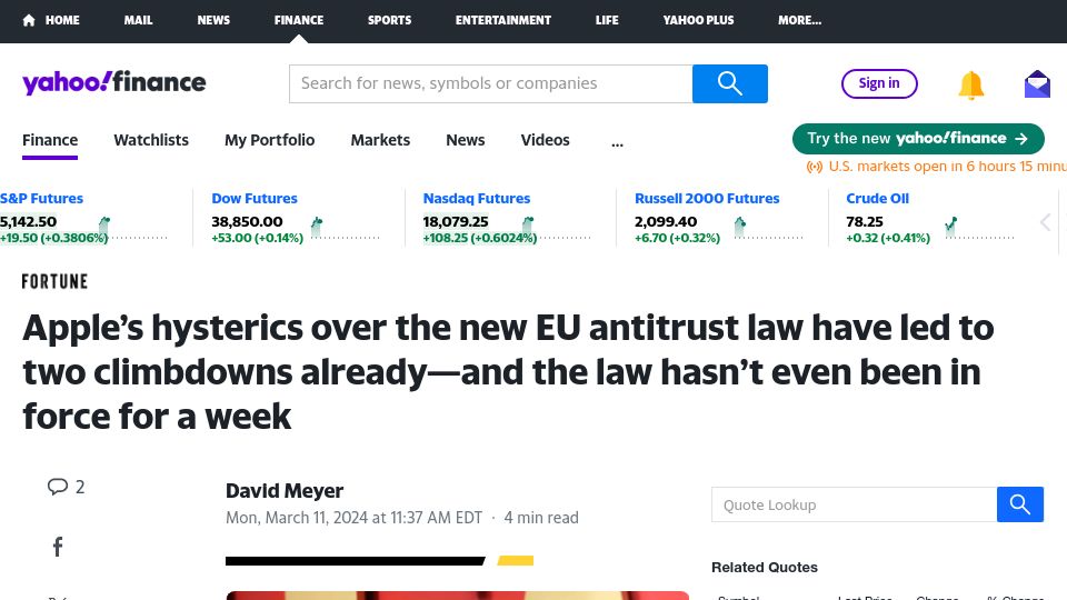 Screenshot of finance.yahoo.com: Apple's hysterics over new EU antitrust law have led to two climbdowns already