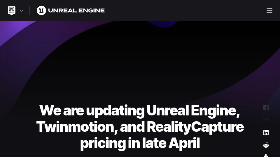 Screenshot of unrealengine.com: Updating Unreal Engine Pricing in Late April