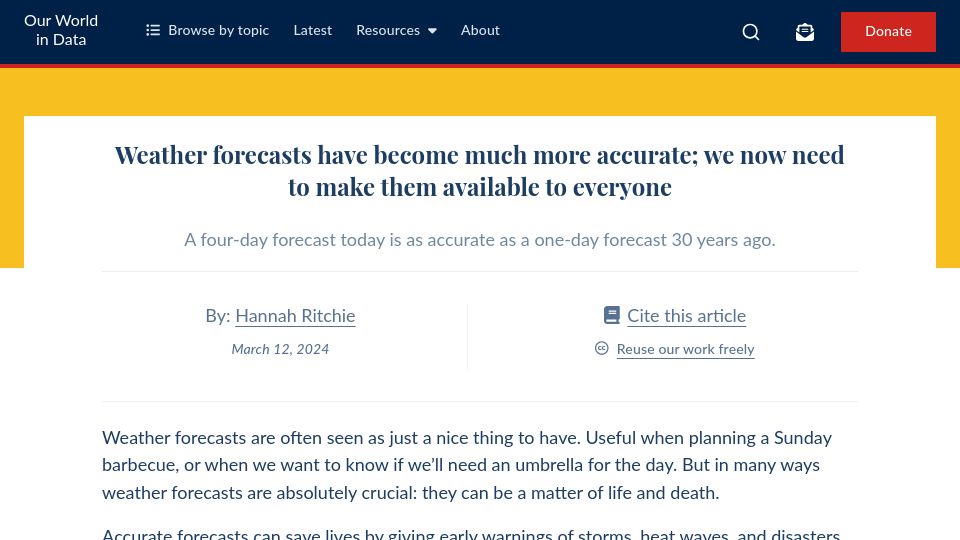 Screenshot of ourworldindata.org: Weather forecasts have become more accurate