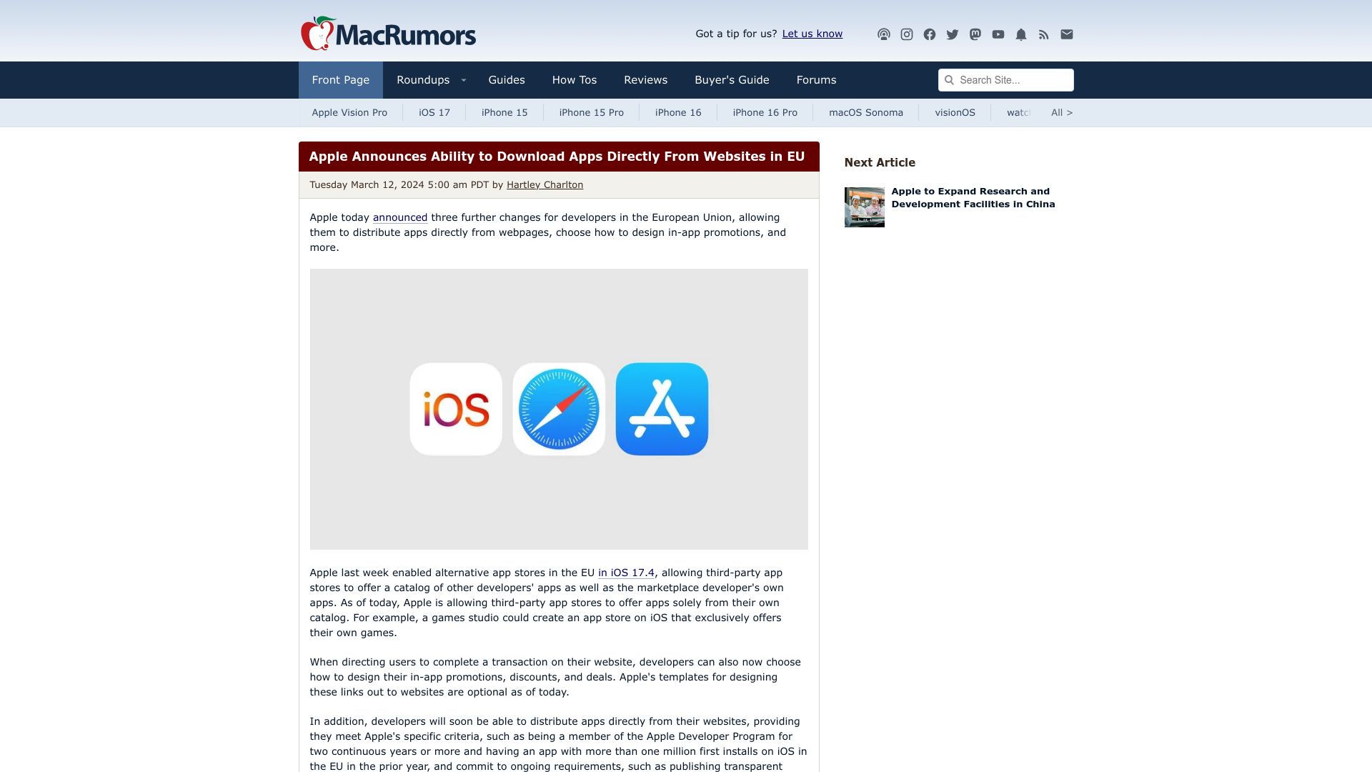 Screenshot of macrumors.com: Apple announces ability to download apps directly from websites in EU