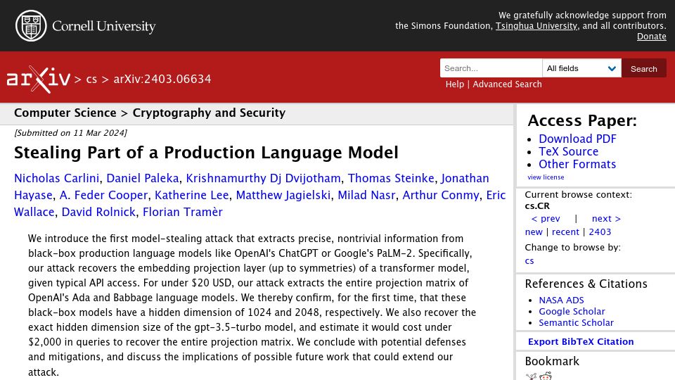 Screenshot of arxiv.org: Stealing Part of a Production Language Model