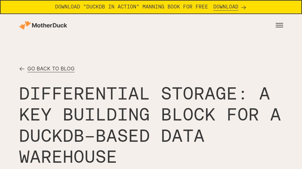 Screenshot of motherduck.com: Differential storage: A key building block for a DuckDB-based data warehouse