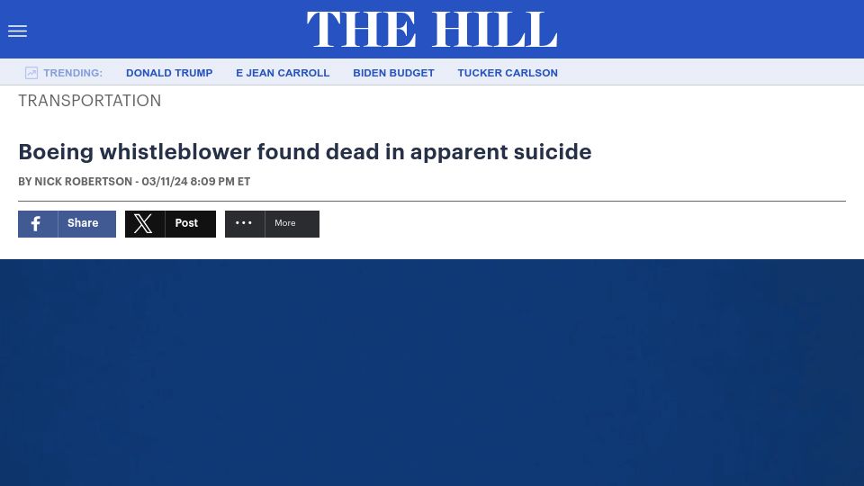 Screenshot of thehill.com: Key Boeing Whistleblower Found Dead from Apparent Suicide