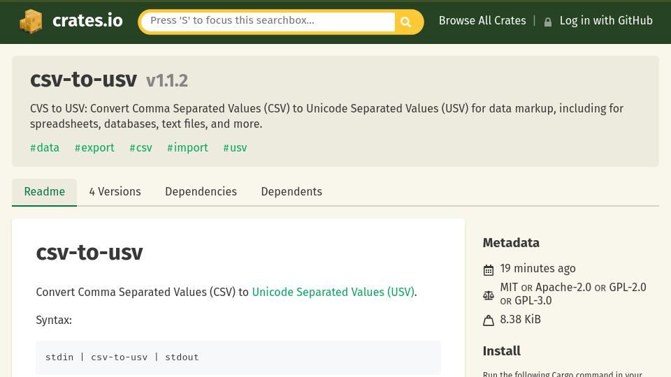 Screenshot of crates.io: Show HN: Comma Separated Values (CSV) to Unicode Separated Values (USV)