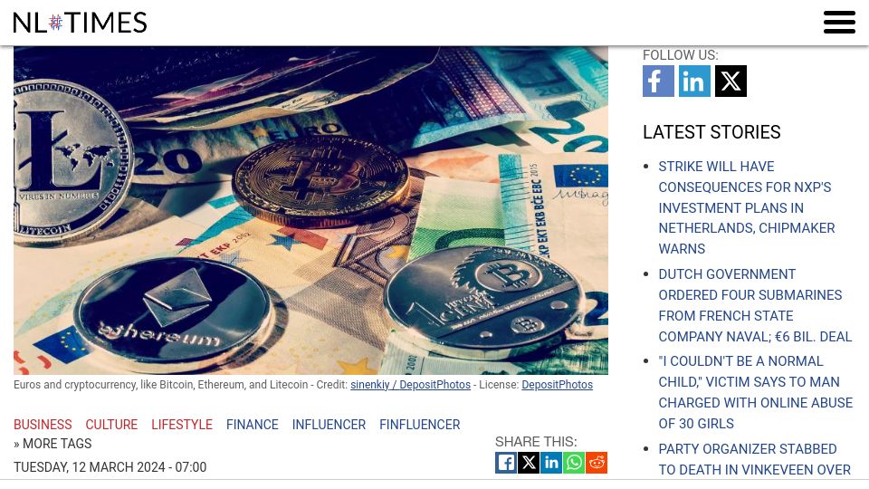Screenshot of nltimes.nl: Two-thirds of young Dutch say influencers affect their financial decisions