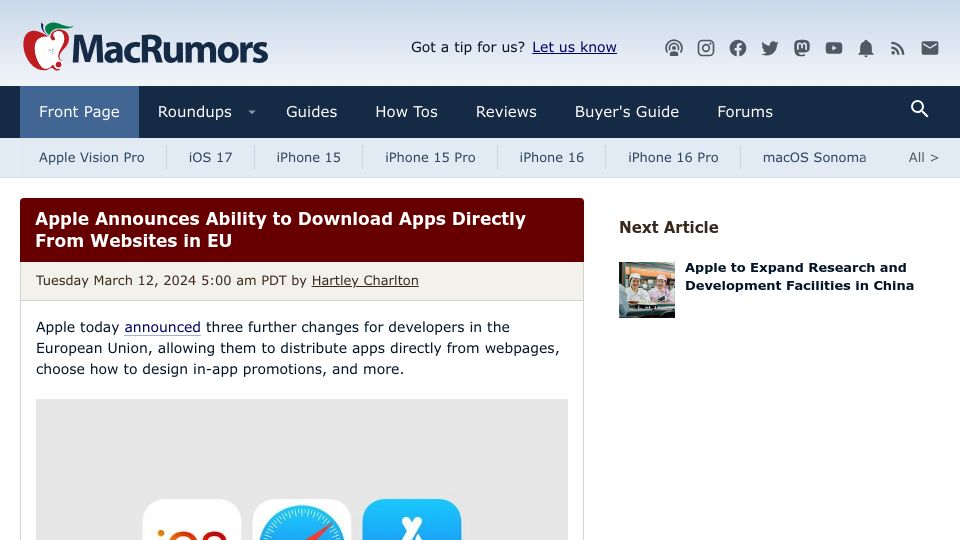 Screenshot of macrumors.com: Apple announces ability to download apps directly from websites in EU