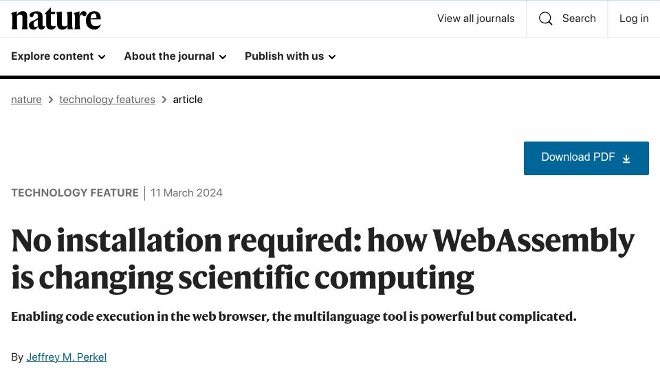 Screenshot of nature.com: No installation required: how WebAssembly is changing scientific computing