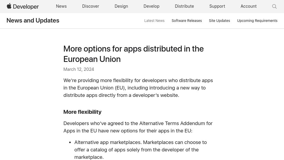 Screenshot of developer.apple.com: More options for apps distributed in the European Union