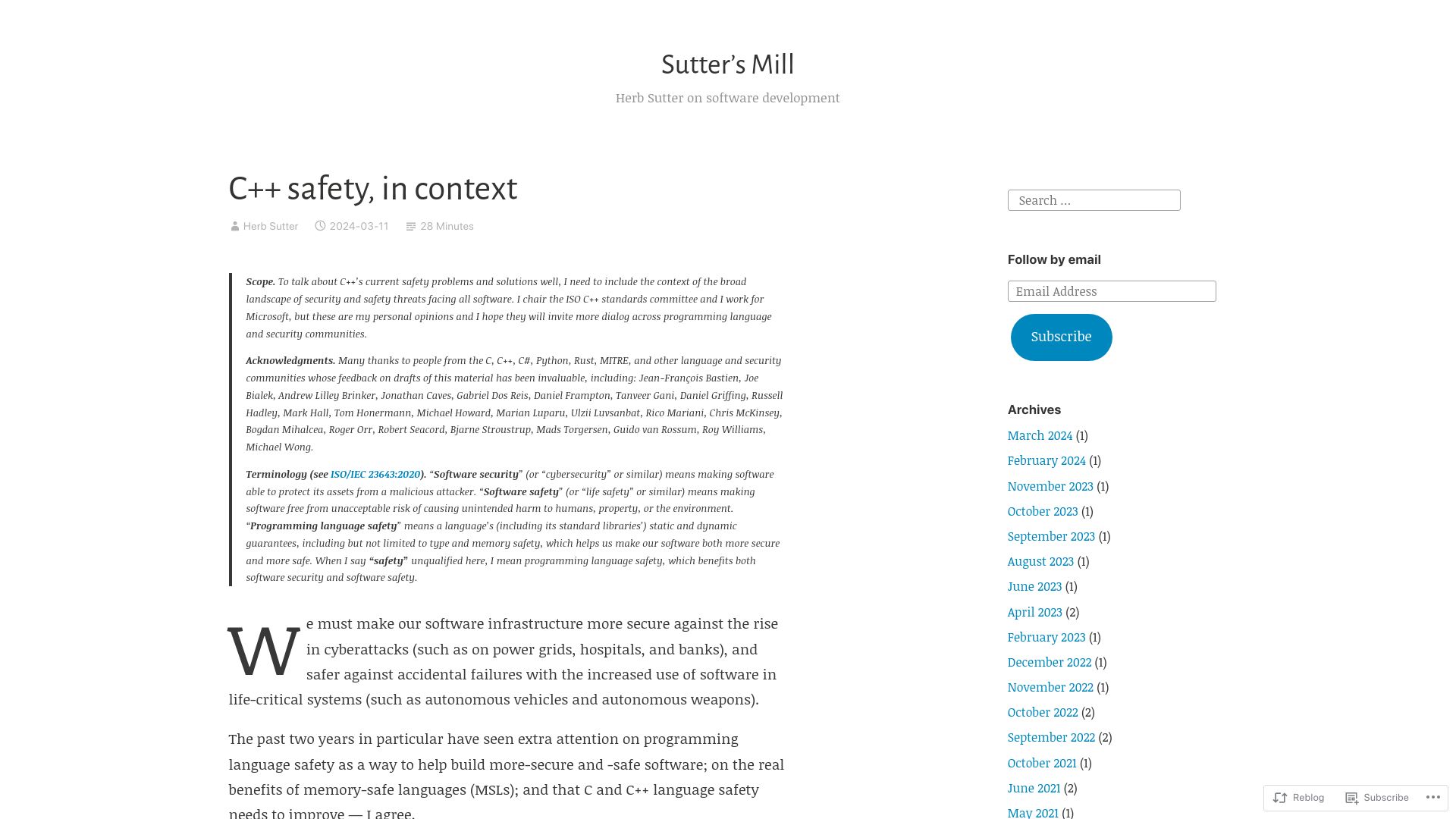 Screenshot of herbsutter.com: C++ Safety, in Context