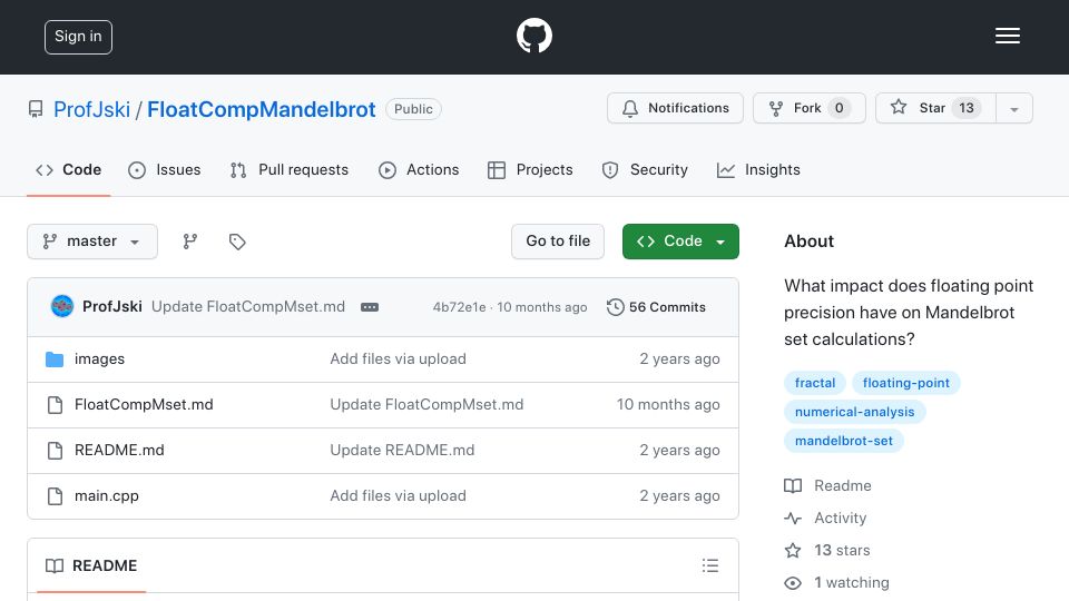 Screenshot of github.com: How Mandelbrot set images are affected by floating point precision
