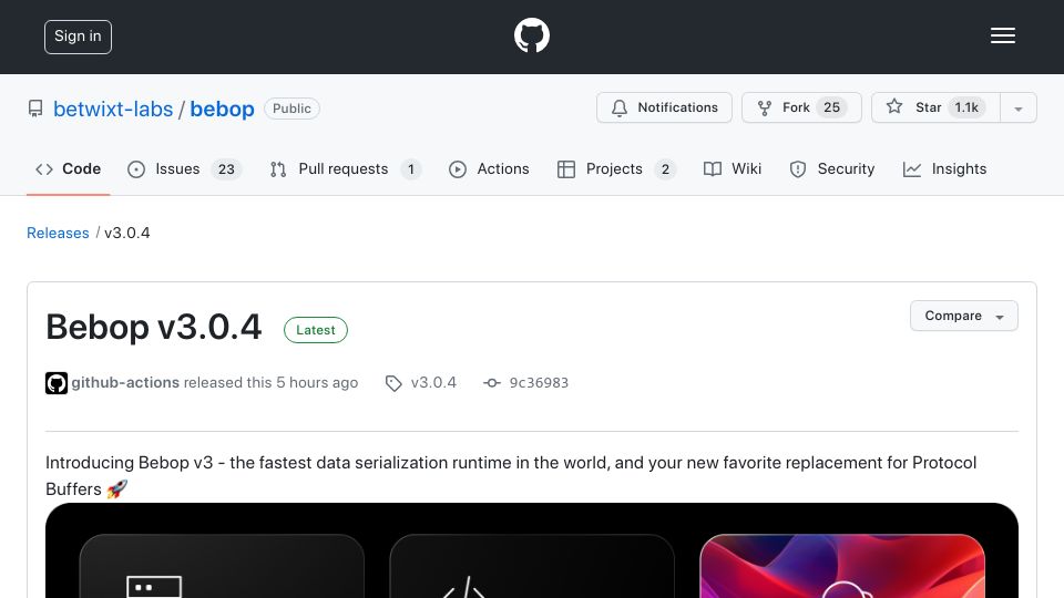 Screenshot of github.com: Bebop v3: a fast, modern replacement for Protocol Buffers