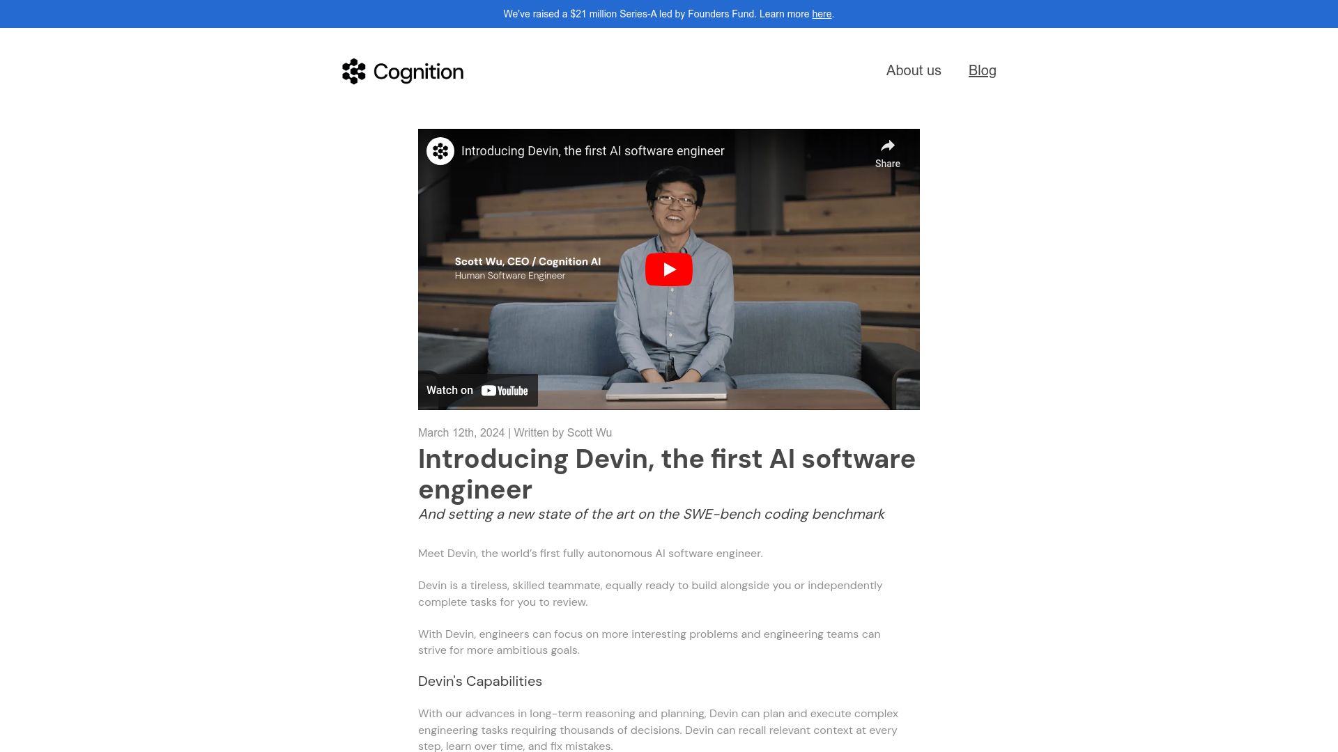Screenshot of cognition-labs.com: Devin: AI Software Engineer