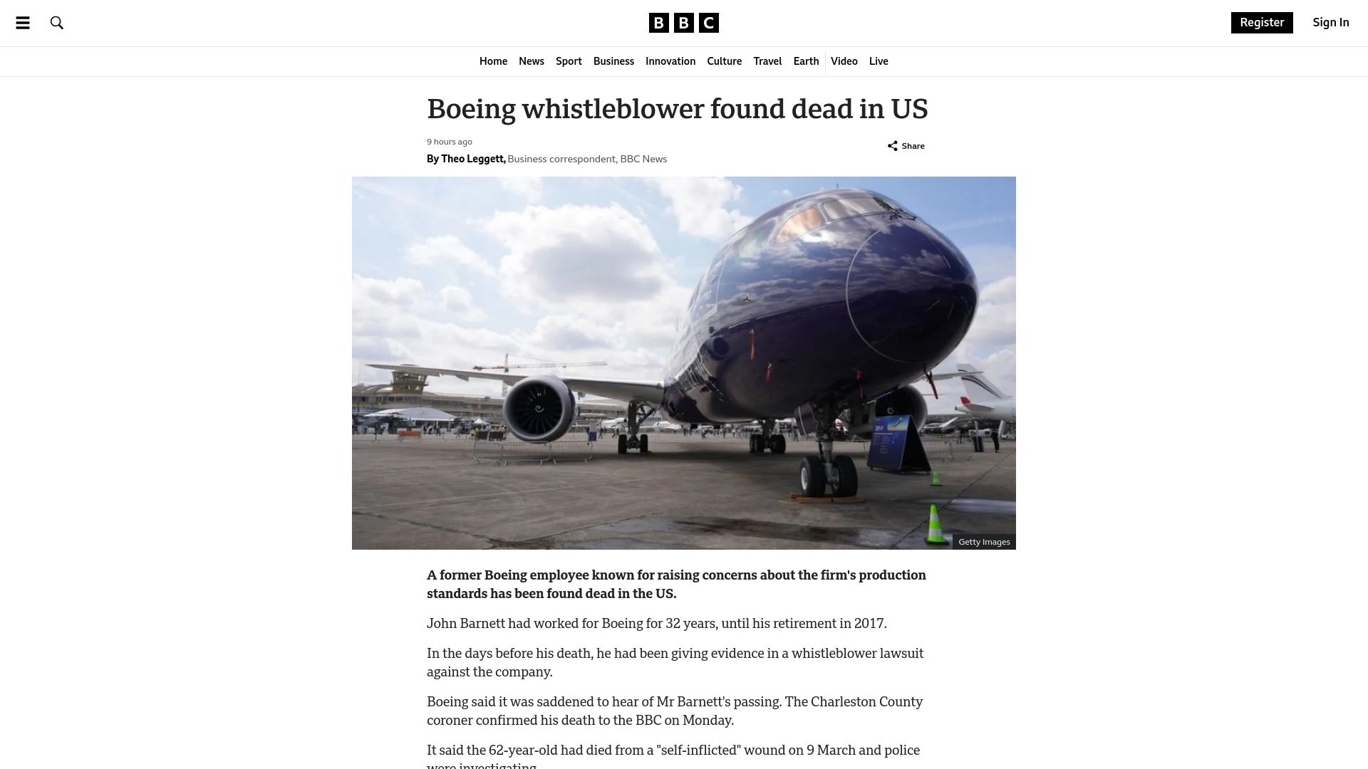 Screenshot of bbc.com: Boeing whistleblower found dead in US
