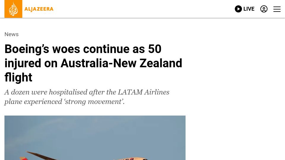 Screenshot of aljazeera.com: Boeing's woes continue as 50 injured on Australia-New Zealand flight