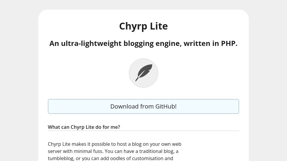 Screenshot of chyrplite.net: Chyrp Lite – An Ultra-Lightweight Tumblelogging Engine Using PHP and SQLite
