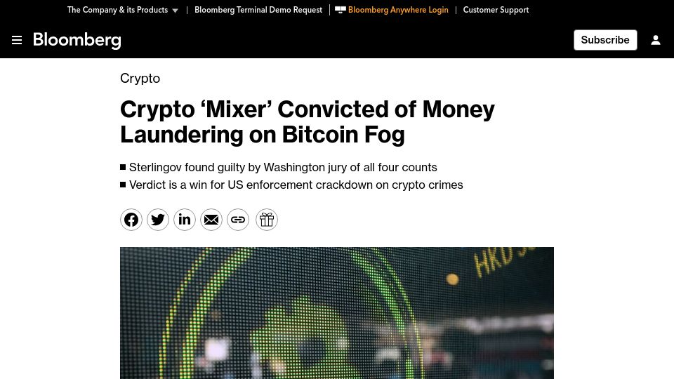 Screenshot of bloomberg.com: Crypto 'mixer' convicted of money laundering on Bitcoin Fog