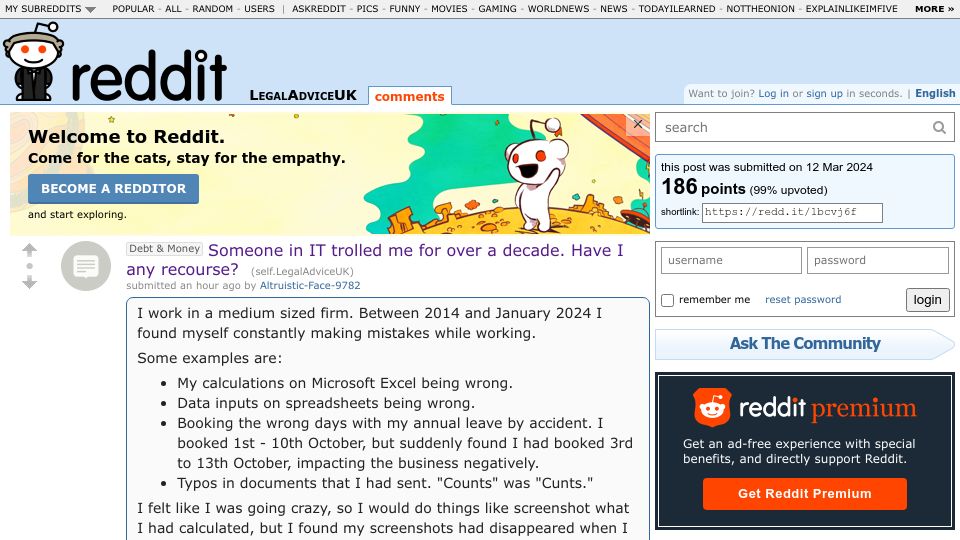 Screenshot of old.reddit.com: On reddit: Someone in IT trolled me for over a decade