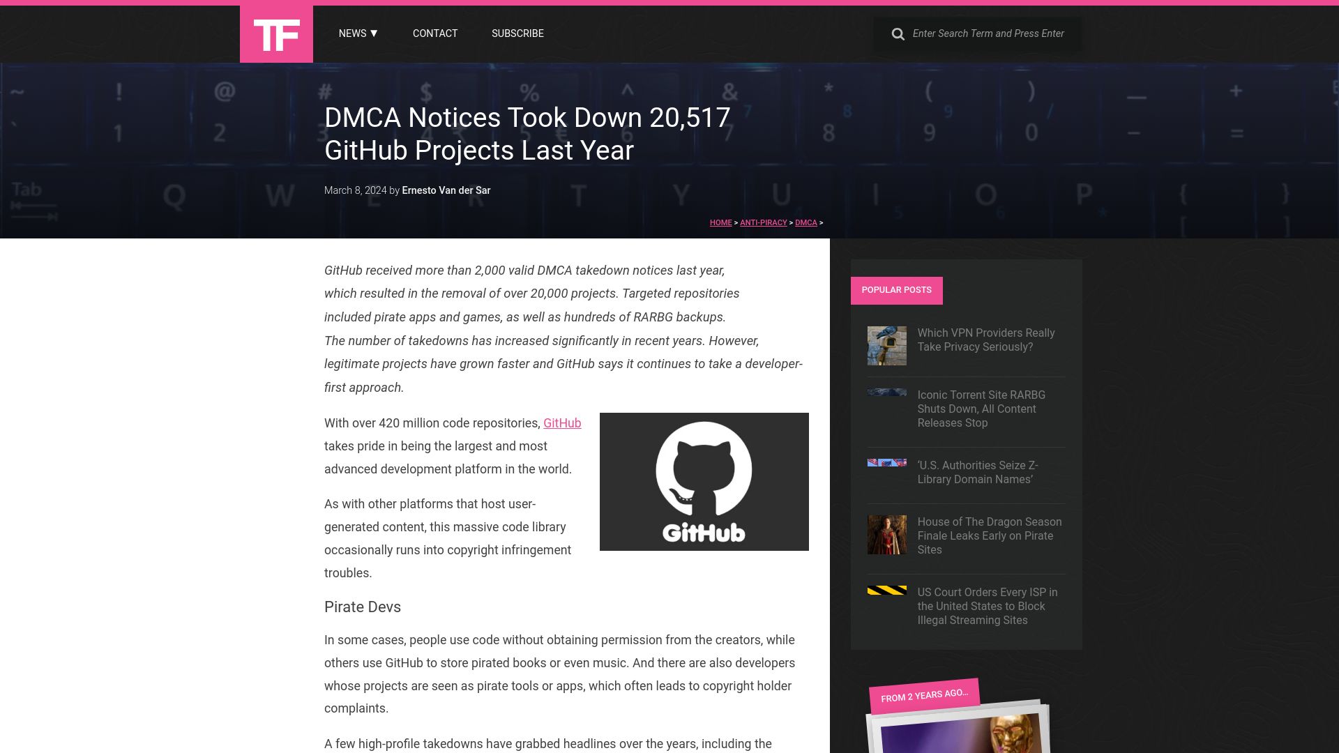 Screenshot of torrentfreak.com: DMCA Notices Took Down 20,517 GitHub Projects Last Year