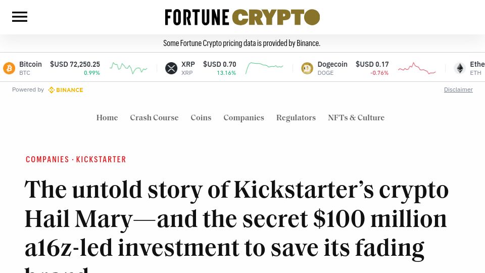 Screenshot of fortune.com: The $100M Deal for Kickstarter to use Blockchain
