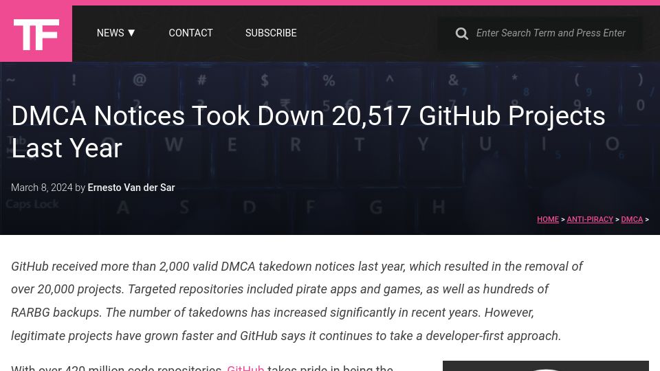 Screenshot of torrentfreak.com: DMCA Notices Took Down 20,517 GitHub Projects Last Year