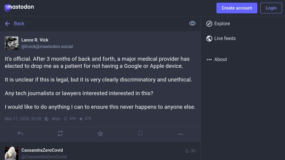 Screenshot of mastodon.social: Major medical provider drops patient for not having a Android or iOS device