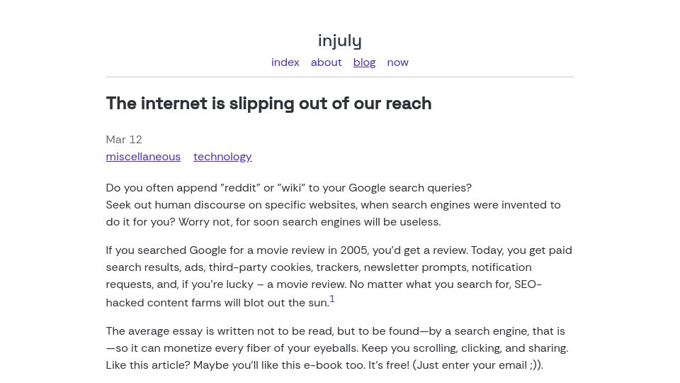Screenshot of injuly.in: The internet is slipping out of our reach