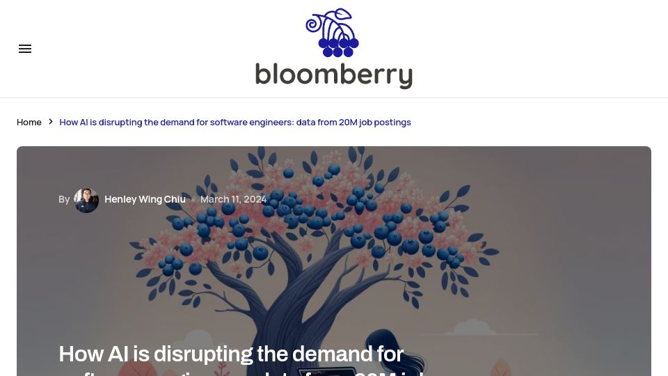 Screenshot of bloomberry.com: How AI is disrupting the demand for software engineers: data from 20M jobs