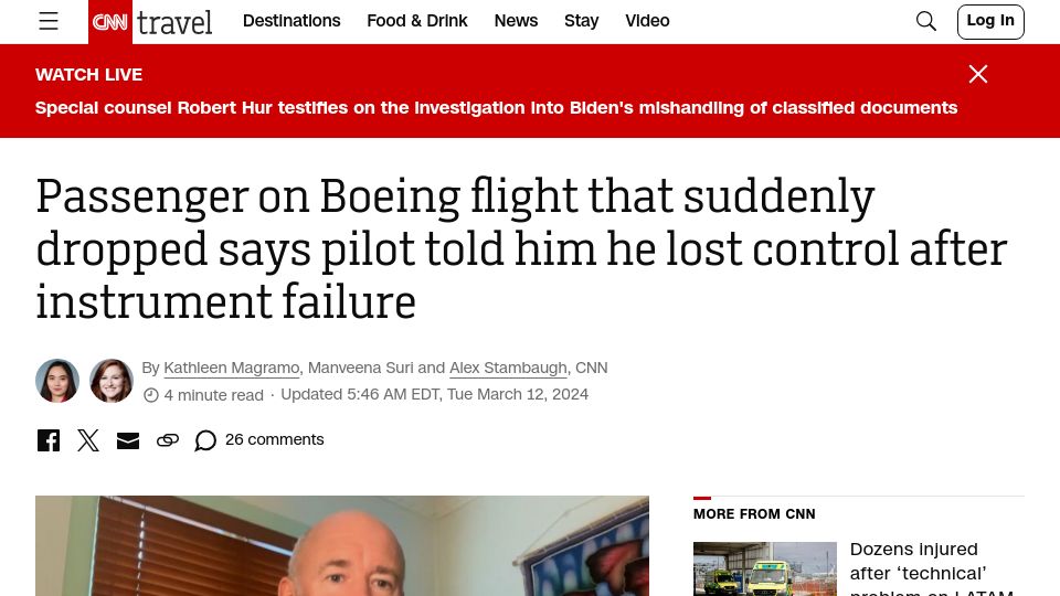 Screenshot of cnn.com: Pilot of Boeing flight says he lost control after instrument failure