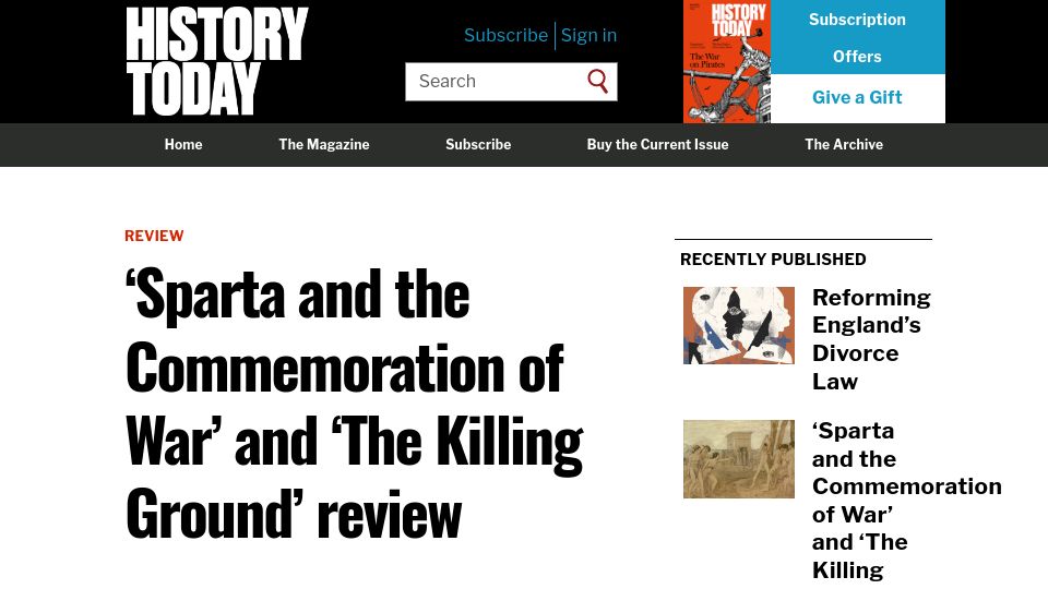 Screenshot of historytoday.com: 'Sparta and the Commemoration of War' and 'The Killing Ground' Review