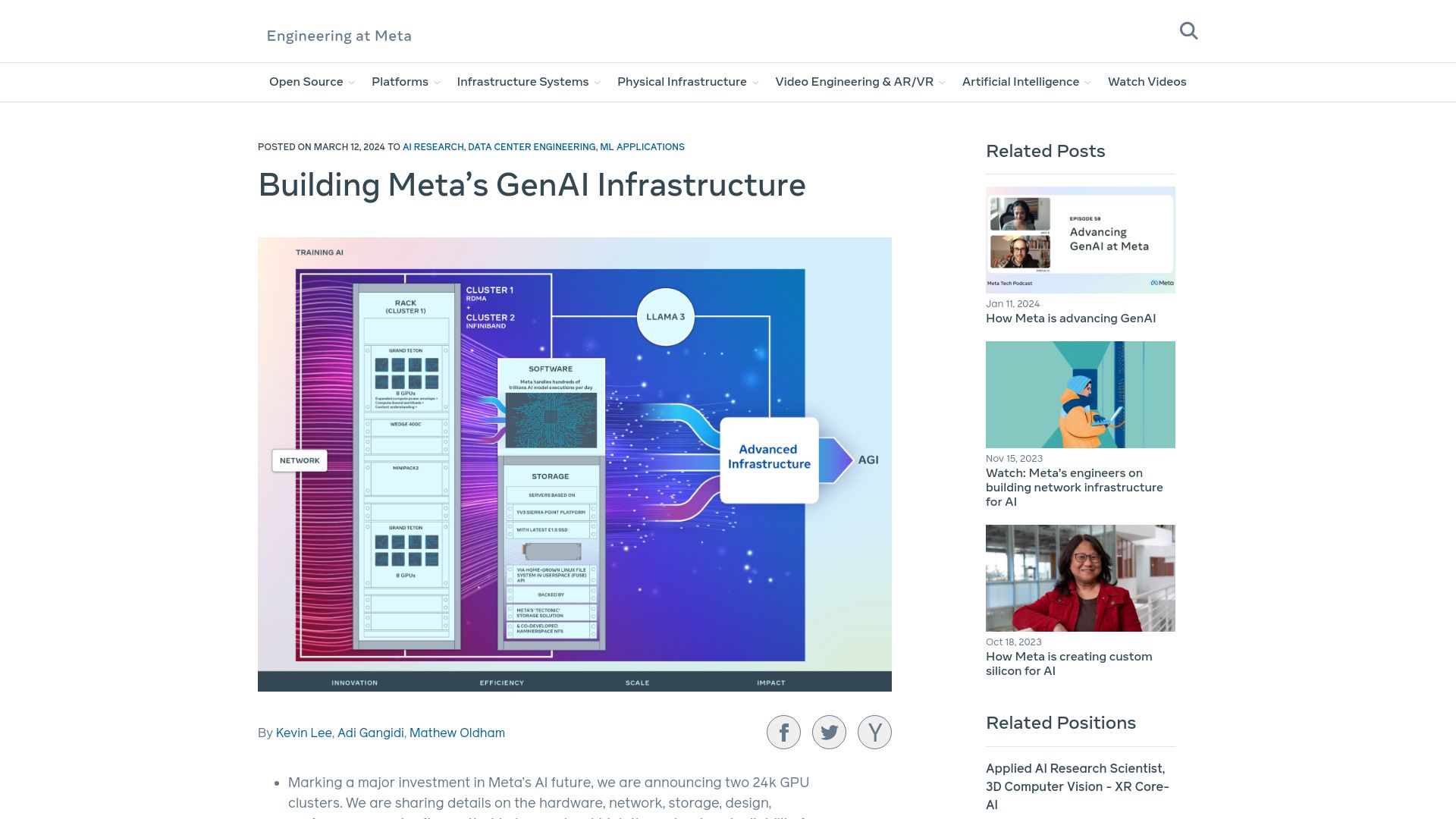 Screenshot of engineering.fb.com: Building Meta's GenAI infrastructure