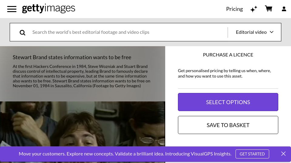 Screenshot of gettyimages.in: Steve Wozniak and Stuart Brand Discuss Control of IP (1984) [video]
