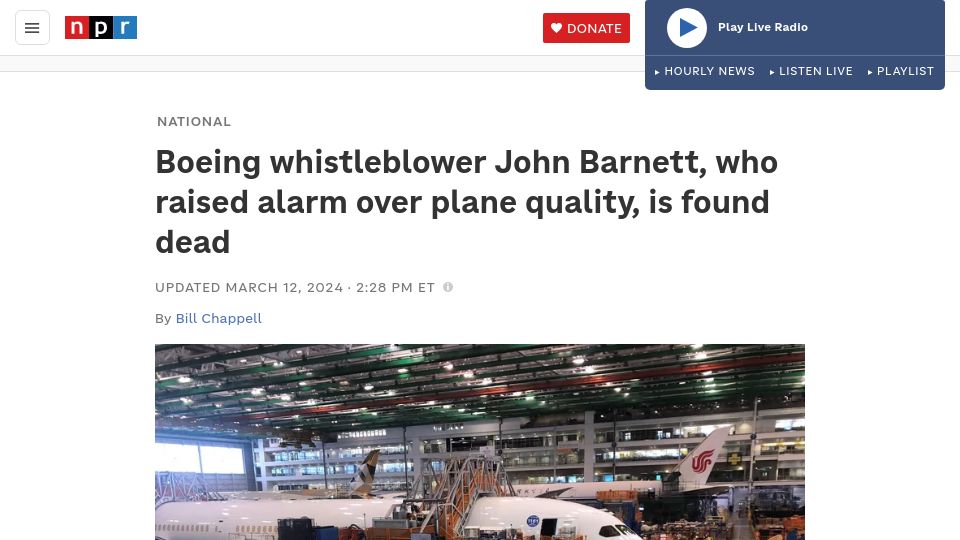 Screenshot of npr.org: Boeing whistleblower John Barnett found dead