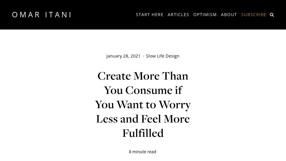 Screenshot of omaritani.com: Create More, Consume Less (2021)