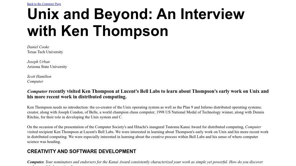 Screenshot of cs.princeton.edu: Unix and Beyond: An Interview with Ken Thompson (1999)