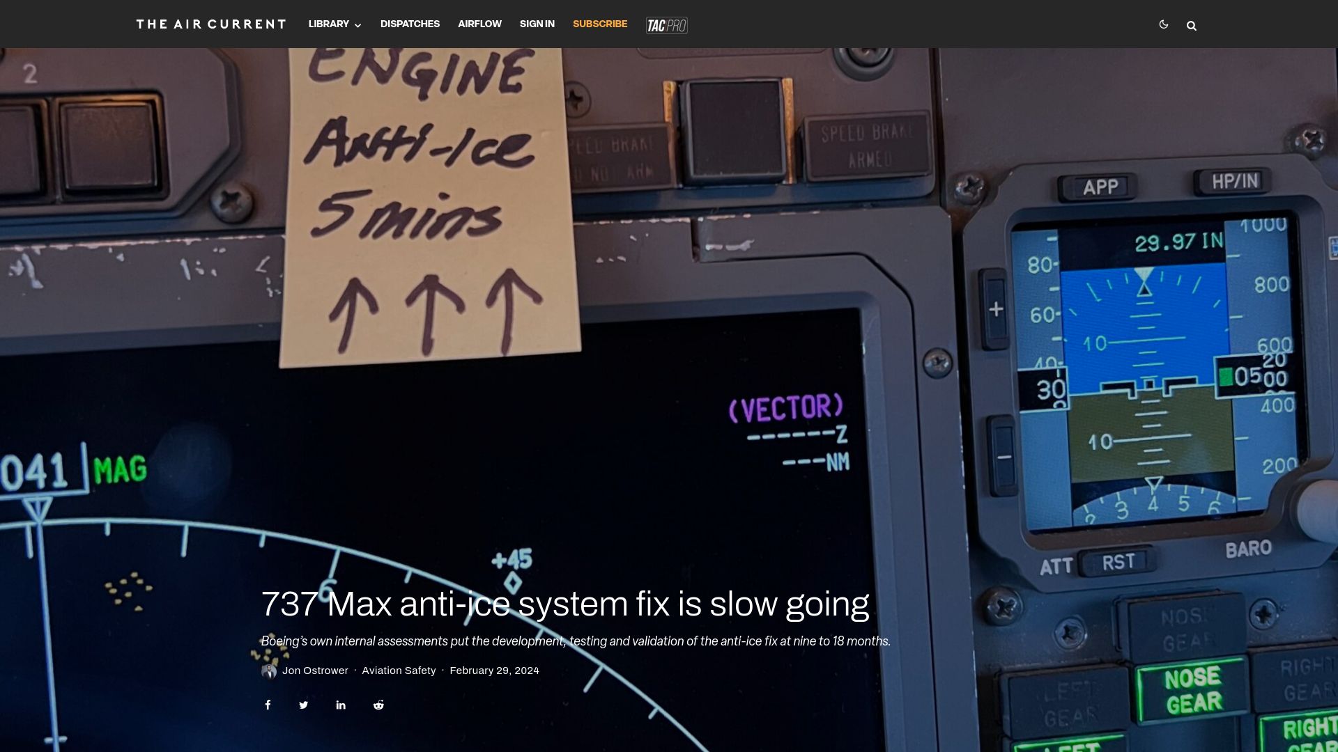 Screenshot of theaircurrent.com: 737 Max anti-ice system fix is slow going