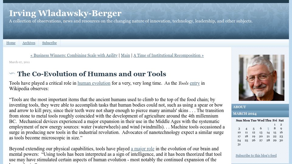 Screenshot of blog.irvingwb.com: The Co-Evolution of Humans and Our Tools (2011)