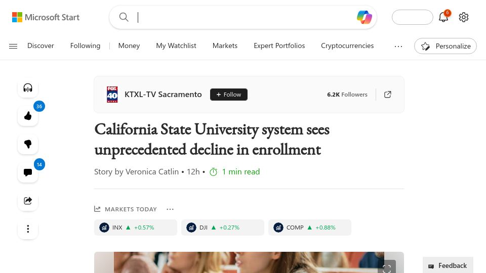 Screenshot of msn.com: California State University system sees unprecedented decline in enrollment