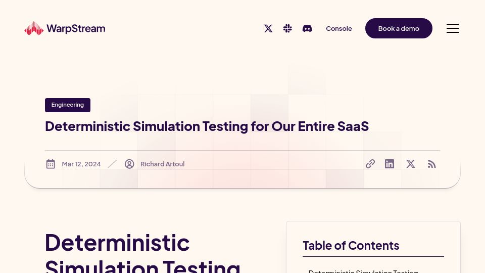 Screenshot of warpstream.com: Deterministic simulation testing for our entire SaaS