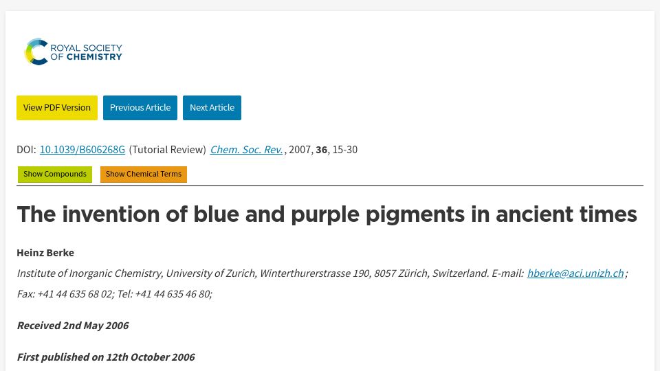 Screenshot of pubs.rsc.org: The invention of blue and purple pigments in ancient times (2006)