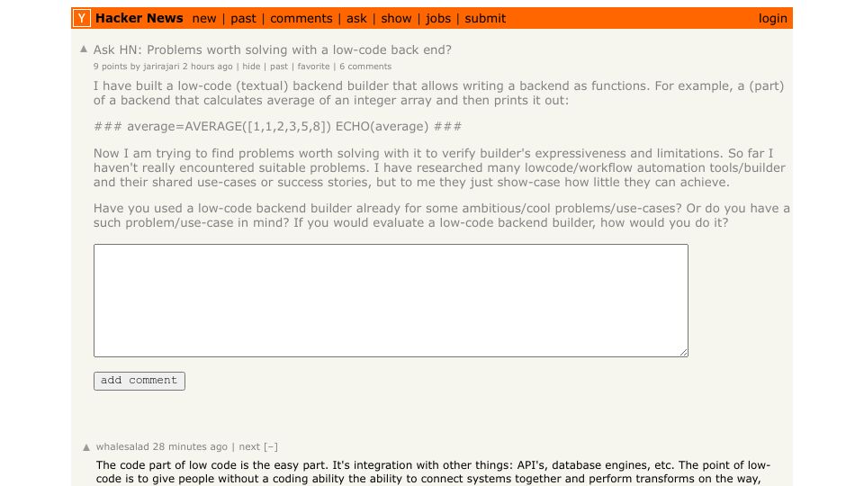 Screenshot of Hacker News post: Ask HN: Problems worth solving with a low-code back end?