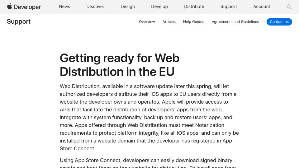 Screenshot of developer.apple.com: Apple will allow distribution of iOS apps via the web in the EU