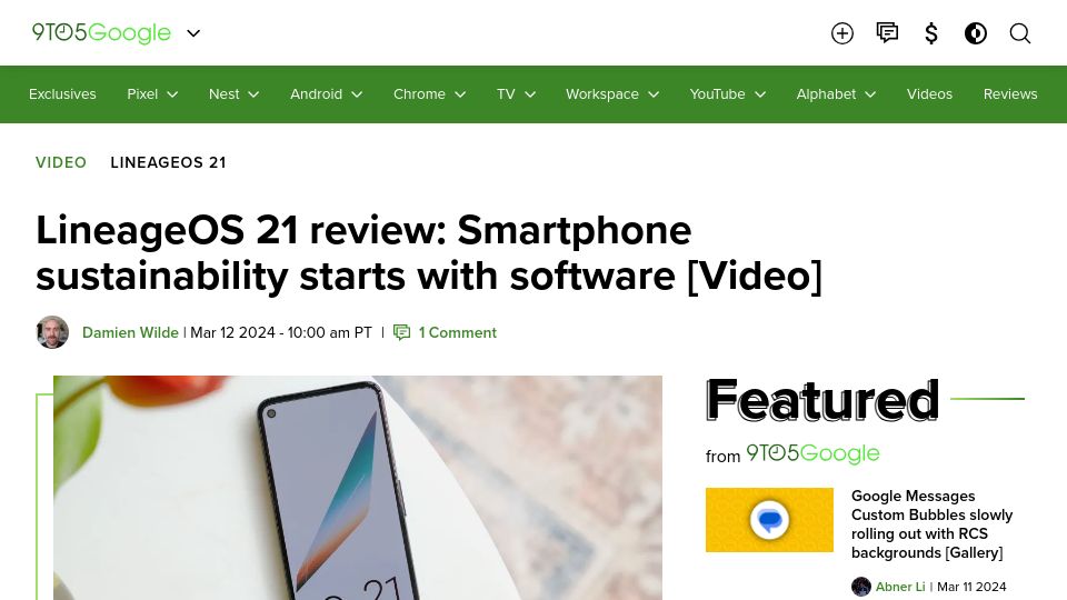Screenshot of 9to5google.com: LineageOS 21 review: Smartphone sustainability starts with software [video]