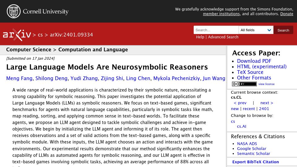 Screenshot of arxiv.org: Large Language Models Are Neurosymbolic Reasoners