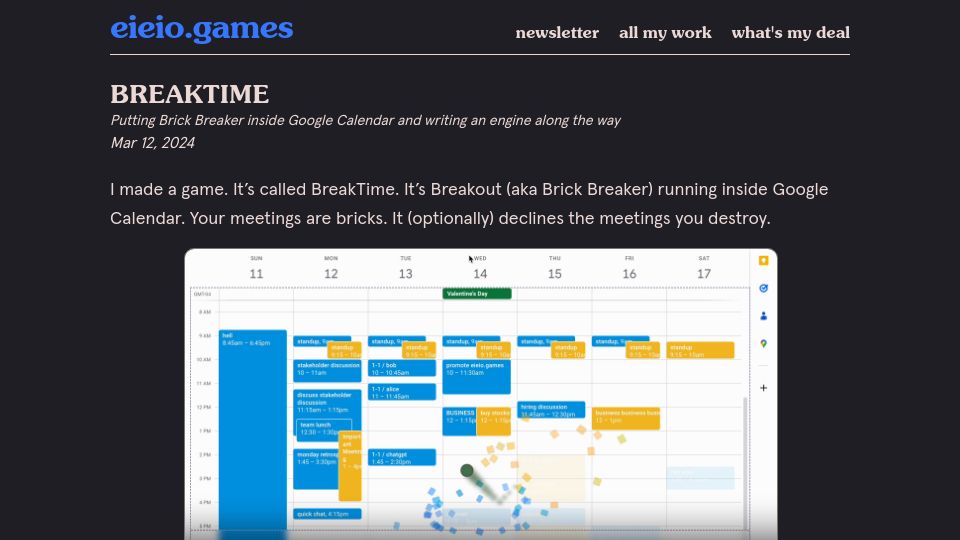 Screenshot of eieio.games: BreakTime: Running Breakout inside Google Calendar